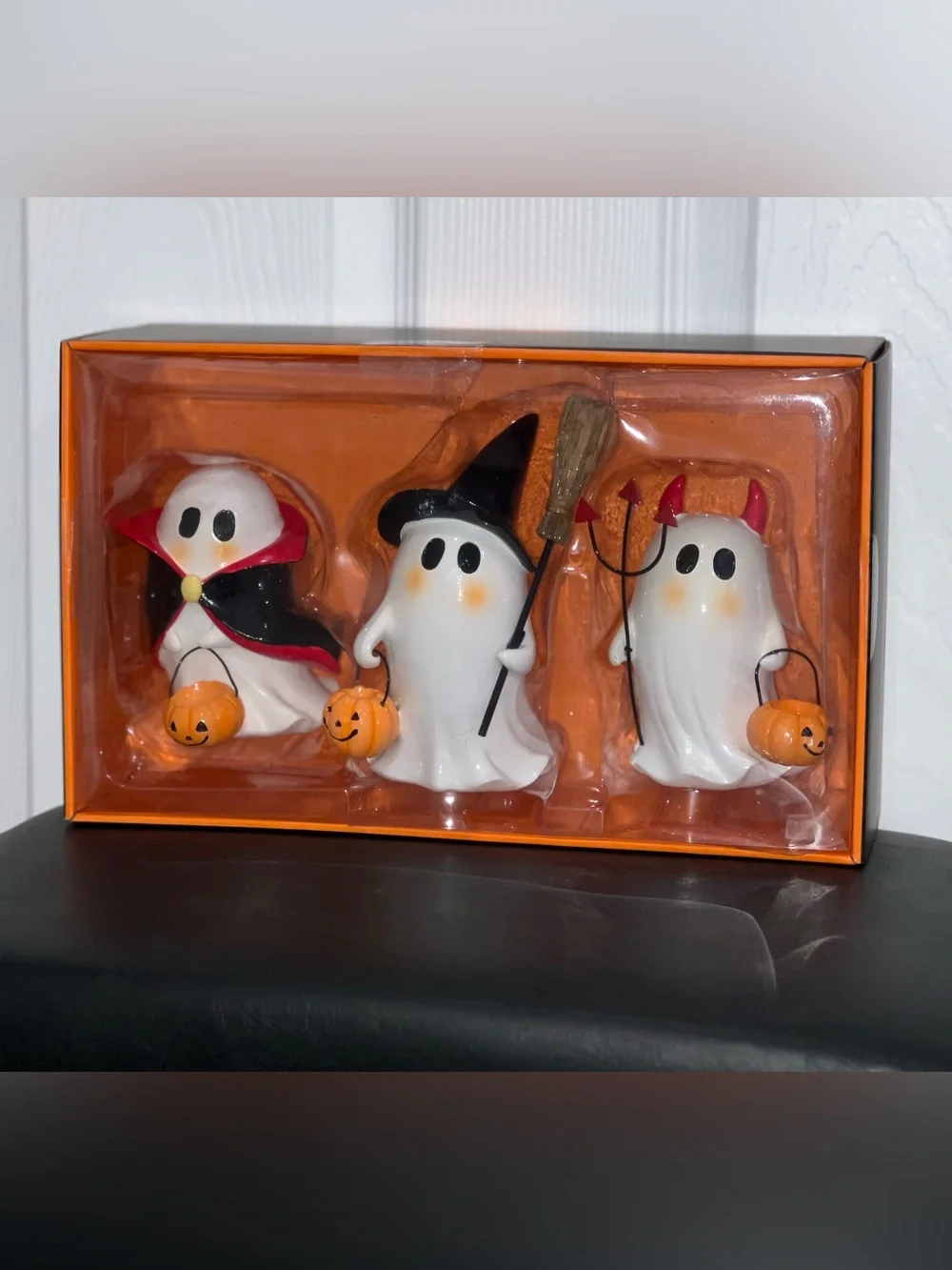 Set of 3 Halloween Ghost Figurines with Pumpkin Buckets